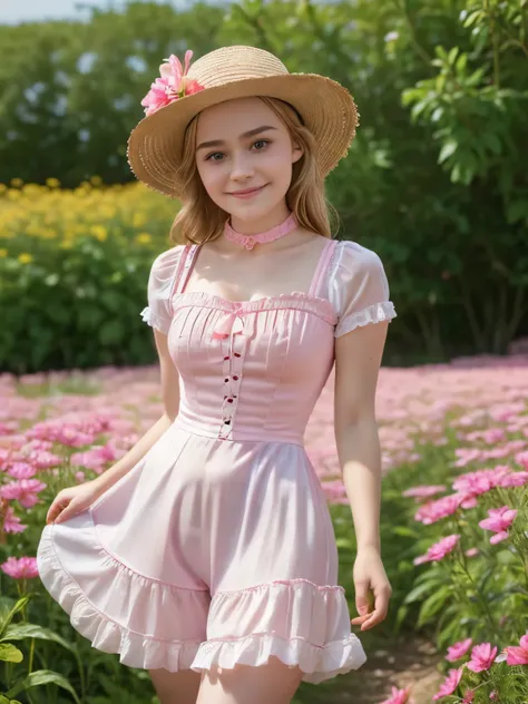 arafed woman in a pink dress and straw hat posing for a picture, with straw hat, frilled blooming collar, pale fair skin!!, 🌺 cg...