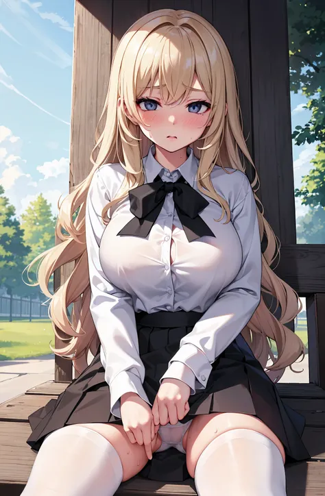 White panties,(((NSFW))),(masterpiece,highest quality, detailed), One girl, alone, Park bench,Clear skies, black tights, （Turn over your clothes:1.5), Sweat, Ahegao, Roll your eyes, blush, naked、Blonde,Messy wavy long hair,open chest white shirt、A tight-fi...