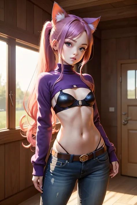 girls, ginger, light purple haire, double ponytails, purple eyes, perfect,  cat ears, skinny, small tight, standing, underboobs,