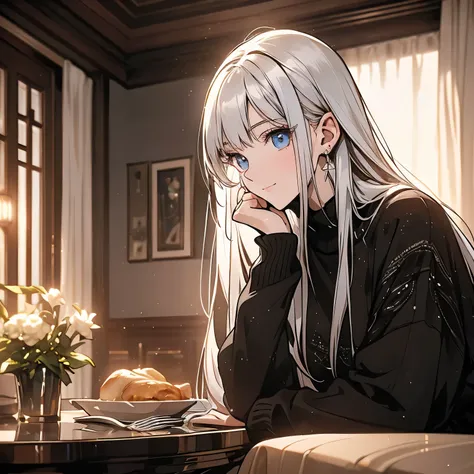 A white hair，20-year-old girl in a black sweater，Sitting at the dining table in the living room of the house with a white-haired man，Happy expression（Upper body display：1.5）（cinematic lighting：1.5）)(ultra-high detail:1.5)(best quality:1.5)