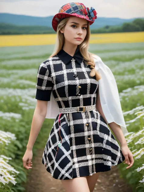 araffe woman in a plaid dress and hat with a white bag, 60s style, 6 0 s style, chequered cape, 1960s style, official dior edito...