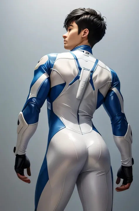 A refreshing 22-year-old male Japanese model　A thin, tight rubber suit that is all white with a bit of blue　White and blue compression suit full body　Male slim muscular man　up 　Science fiction　future world 　White gloves　　The background is the future world....