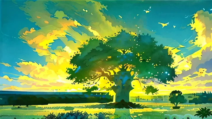 a painting shows green fields with baobab trees, in the style of voigtlander brilliant, sky-blue and yellow, tranquil sunset, trompe-loeil illusionistic detail, konstantinos parthenis, louis rhead, impressive skies, 1500px by 600px