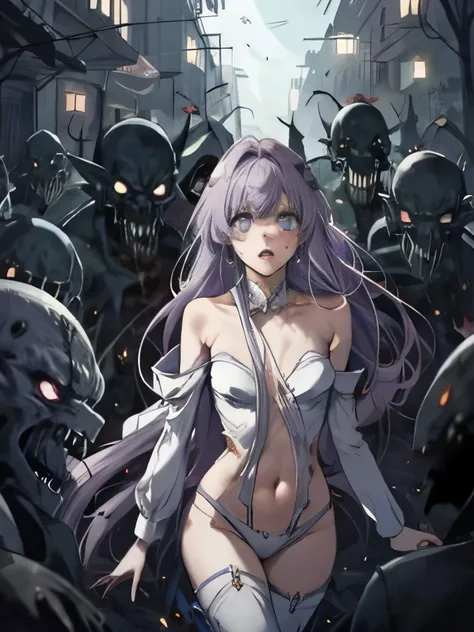 Constraints　slim, Very long light purple hair（Messy Hair）　Beautiful woman　White bodysuit（Tube top、Belly button、High leg、Thigh exposure）　Scared　eyes half open　Tears overflow　shout　Desperate　Dungeons　Different world　Get caught by a lot of zombies 1:5　There a...