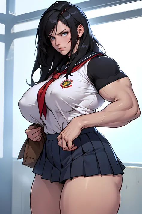 (1girl), black hair, extremely long hair, yellow eyes, ((female bodybuilder)), (huge breasts), thick thighs, solo, angry, (pale skin), cowboy shot, (sexy school uniform)