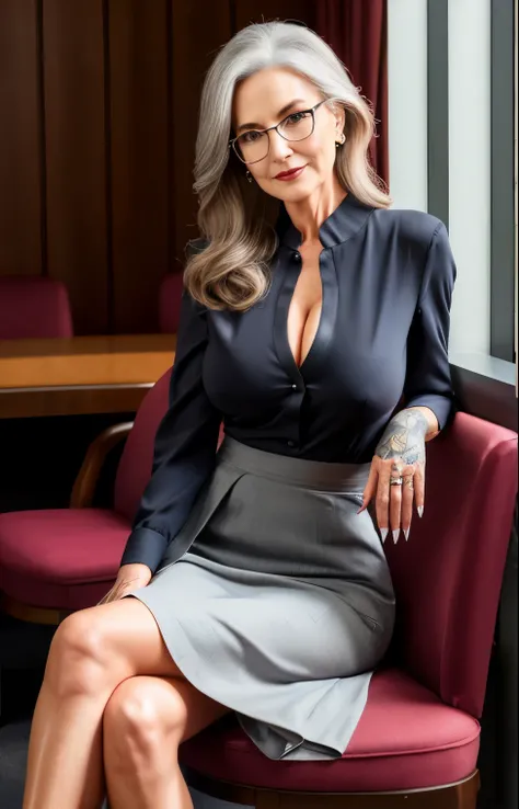 Professional, High level of detail, close up photo (attractive mature 55yo woman:1.3),long gray hair,(steward dress, long red skirt, tattoo,elegant)1.455,ray tracing, natural lighting, (seductive:1.1), (blushing:1.1 ), (classy, elegant, dandy)1.2, (round b...