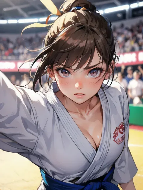 high quality,HD,16k,sharp lines,1 girl,Female judo athlete ,cute face, large breasts, nice legs,At the judo venue,focus girl,detailed beautiful face,detailed clothes,beautiful eyes,cool,dynamic angle