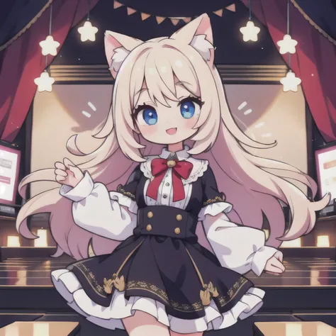 Looking at the audience, 1 Girl, big eyes, Long eyelashes, Smile, skirt,Cat ear