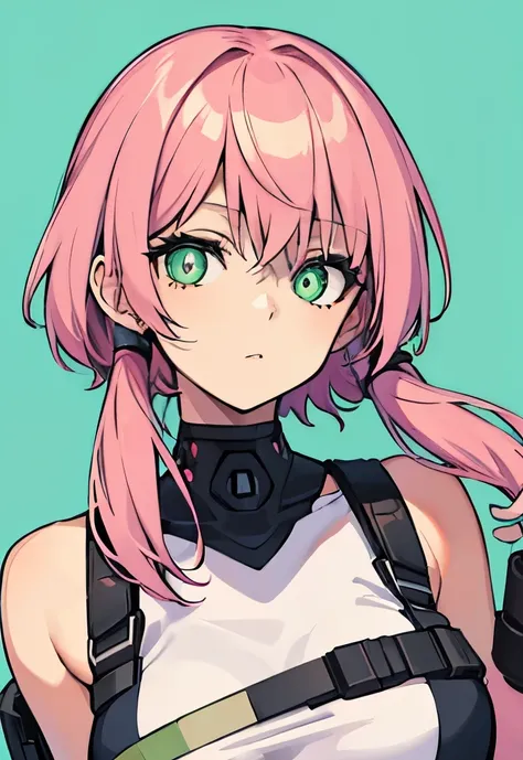 human female, pink hair , holding gun , green pupils