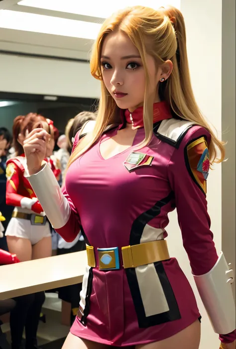(8k、Raw Photo、highest quality、masterpiece:1.2),(blonde、Very long brown hair:1.7),ponytail、White panties、View Audience,Viewed from the front,erotic,(Super Sentai Series、She is wearing a red Pretty Cure costume.:1.6)、(mini skirt:1.3)、(White panties:1.3