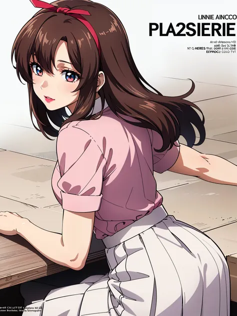 bangs,brown_hair, long_hair,red eyes,lipstick,makeup,
break (white skirt, red ribbon, pink shirt, pleated skirt, bangs, neck rib...