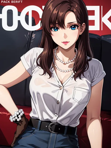 bangs,brown_hair, long_hair,red eyes,lipstick,makeup,
break (belt, jeans, pearl_necklace, bracelet, black gloves, white shirt:1....