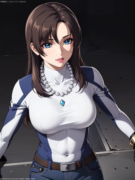 bangs,brown_hair, long_hair,red eyes,lipstick,makeup,
break (belt, jeans, pearl_necklace, bracelet, black gloves, white shirt,ul...