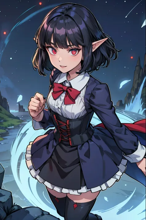 anime girl, short black hair, bangs are heavy, elf ears, red eyes, vampire, sorcerer, magician, witch, big witch hat, elegant,((...