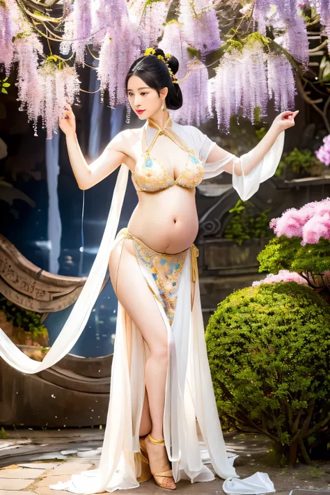 ancient chinese costume:1.8,dark studio:1.6. shortcuts)、wisteria flowers in full bloom、pregnant woman dancing、wearing silk cloth...