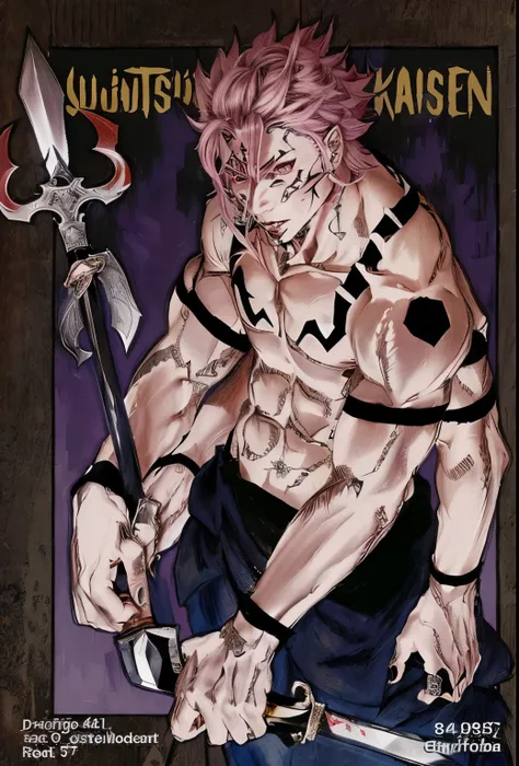 a drawing of sukuna real form with a sword and a sword in his hand, muscular body with 4 hand and have pink hair