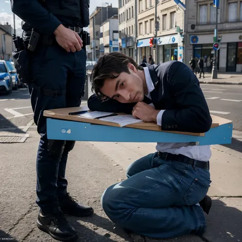 Un homme gentille et innocent dans une poste de police, entouré par deux policiers pour prendre ces paroles pour une crimes qui na pas commis 