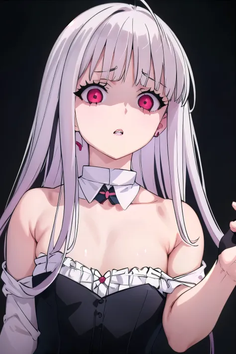 masterpiece, best quality, ultra-high-detailed, disgusted face, white hair, red eyes, sigtuna julie , small breast, looking down...