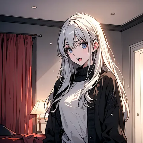 A white hair，Twenty-year-old girl in a black sweater standing in the bedroom of the house，Surprised expression，Open your mouth and yell，Panic，sweat（Upper body display：1.5）（cinematic lighting：1.5）)(ultra-high detail:1.5)(best quality:1.5)