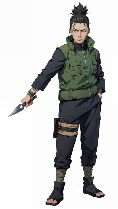 Um Homen, Shikamaru Nara, Ninja, extremamente realista, muito bonito, usando colete verde, kunai in the hand, 8K