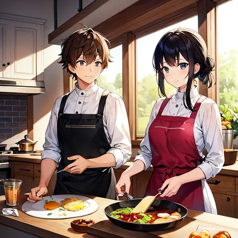 Draw a logo for "The Cooking Duo Chronicles" with the following elements:

A delightful and appetizing scene, showcasing two chefs in an anime artstyle, working in harmony at a pristine and well-lit kitchen counter. The words "Cooking Duo Chronicles" writt...