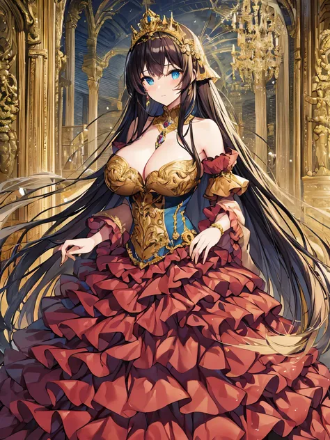 ((moe anime artstyle)),Masterpiece,Best Quality,Super Detail,Very Delicate and Beautiful,((Solo)),full body,(((full body))),((1 bling-bling princess in jeweled gorgeous rococo ballgown)),((((absurdly gigantic tits,Skindentation)))),((cleavage)),((detailed ...