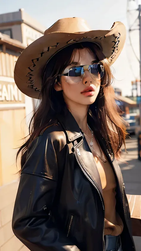 4k hltra hd, mastermiece, best quality, a girl, good face, sun glasses, detailed lips, long hair, strait hair, wearing cowboy outfit, blue leather jacket, cowboy hat, blurred background, morning, whole body capture,