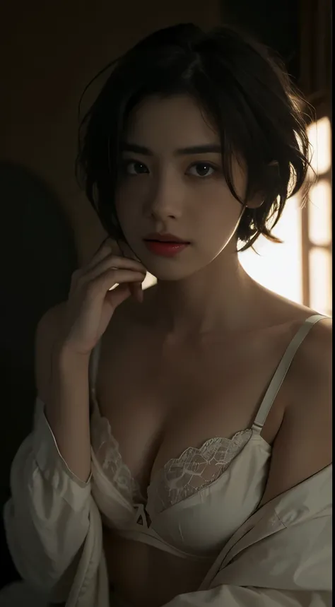 Best quality, masterpiece, ultra high res, (photorealistic:1.5), raw photo, 1girl, offshoulder, in the dark, deep shadow, low key, cold light, sexy look, short hair, bra strap