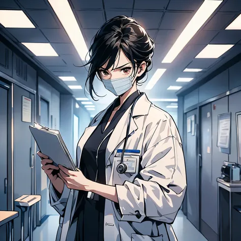 A black hair，50 years old doctor in white doctor uniform，Standing in front of a hospital ward，Case sheet in hand，Angry expression，Open your mouth and yell，frown，（Upper body display：1.5）（cinematic lighting：1.5）)(ultra-high detail:1.5)(best quality:1.5)