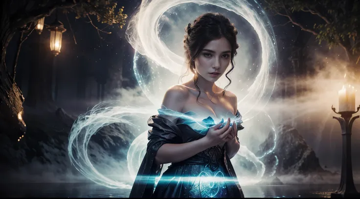 An alluring sorceress stands amidst swirling mists at the edge of a moonlit lake, her robes billowing around her like ethereal clouds, while holding a glowing orb in one hand and her mesmerizing gaze drawing the viewer into a realm of enchantment.