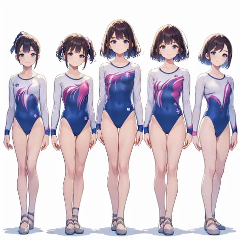 gymnastics club,(4 girls:1.3),(long sleeves leotard:1.3),full body, bob cuts hair, long hair, (over 16 years old, under 19 years...