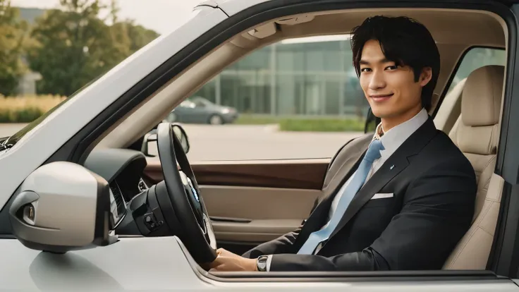 ((A white BMW840I))A young and handsome Japanese man aged 20 years old and 182 cm tall。Wearing a black suit. White shirt、Japanese man wearing light blue tie，)、with a smile on face..左手放在Direction plate上.Let your right hand hang naturally..Sitting in the dri...