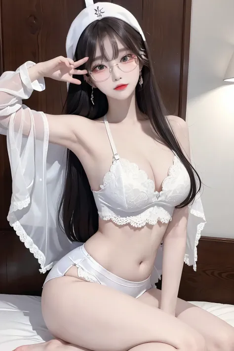 Top image quality、Raw photography、A high resolution、20-year-old cool Korean、big round chest、white lace underwear、Beautiful Eyes of Details、very elongated eyes、Beautiful eyelashes、Beautiful double eyelids、eyeshadows,long legs,medium thighs, wearing Glasses、...