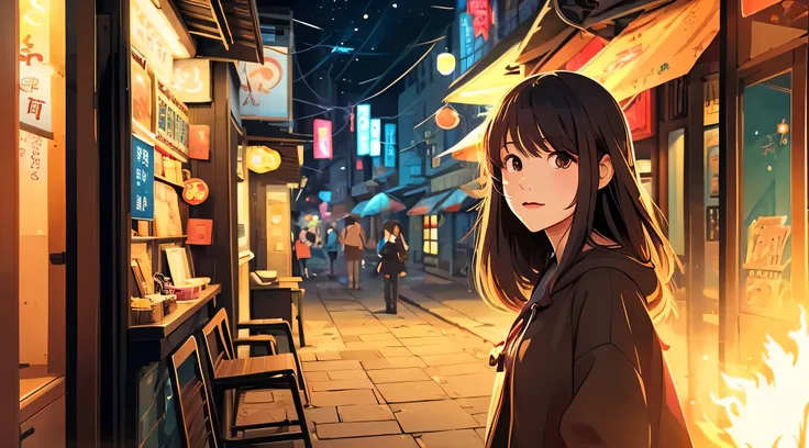 Late Night,Warm atmosphere,A cute woman is spacing out。Anime character style。In the style of illustrations。