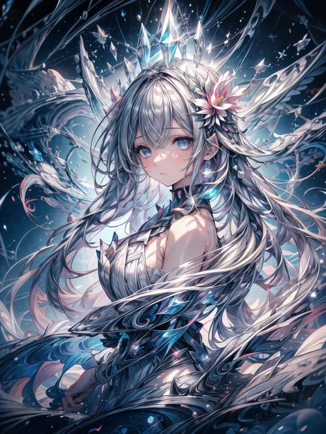 bust, waves, 1 girl, extremely long hair, silver slit dress, 
flowers bloom,  galaxy, crystal, spiral nebula, birds,  like a dre...