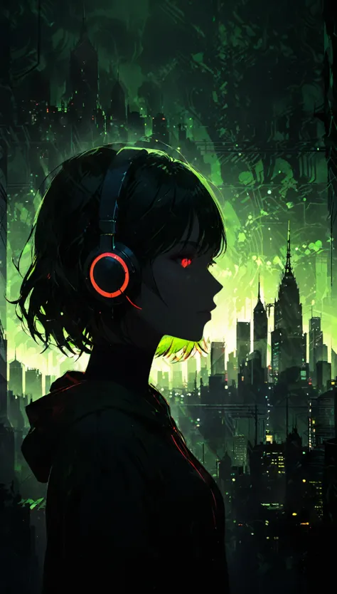 (artist by florence broadhurst:1.2),1girl,bob cut,hoodie,headphones,silhouette,
(skyline:1.3),(cityscape:1.4),a big iron tower,s...