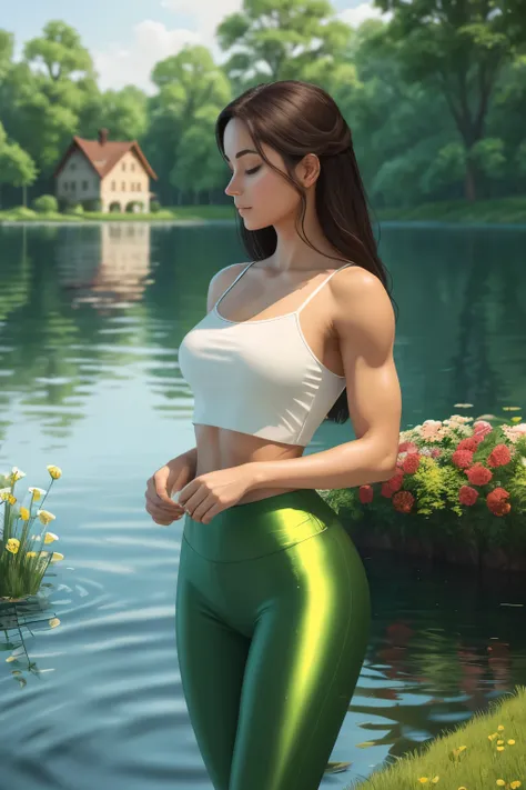 A serene summer scene unfolds before us as a beautiful European woman, aged 25, stands alone in front of a tranquil lake and a quaint lake house. The lush green trees around her are adorned with an abundance of vibrant flowers covering the ground. The peac...