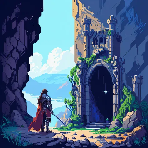 a close up of a person in a knight costume standing in front of a castle, beautiful detailed pixel art, concept pixelart, fantasy game art style, detailed game art, detailed pixel art, 2 d digital video game art, detailed pixel artwork, entrance to an anci...