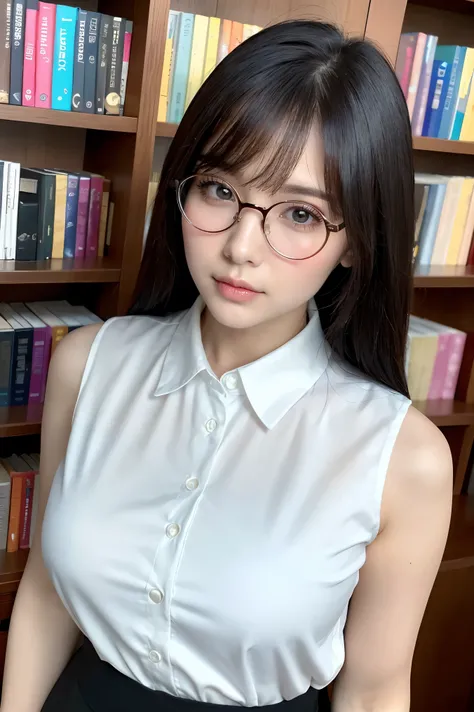 (highest quality、Tabletop、8k、Award-winning works、Ultra-high resolution、Best image quality)、One beautiful woman、(White polyester sleeveless buttoned collared blouse:1.3)、(Elegant black tight skirt:1.1)、(Huge breasts:1.2)、(Elegant round glasses:1.2)、library、...