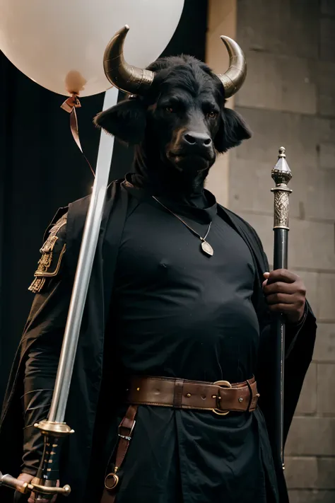 an anthropomorphic black bull wearing a jedis cosplay wealding a balloon sword, professional looking photo