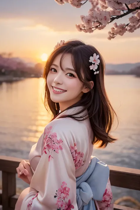 (((Portrait of a lover))), Beautiful depiction of a female character scattering cherry blossom petals, Sparkling eyes, Adorable smile, Gorgeous kimono, Delicate and beautiful painting quality, happy atmosphere, Warm tones, Sunset landscape, cloudy ash sky,...