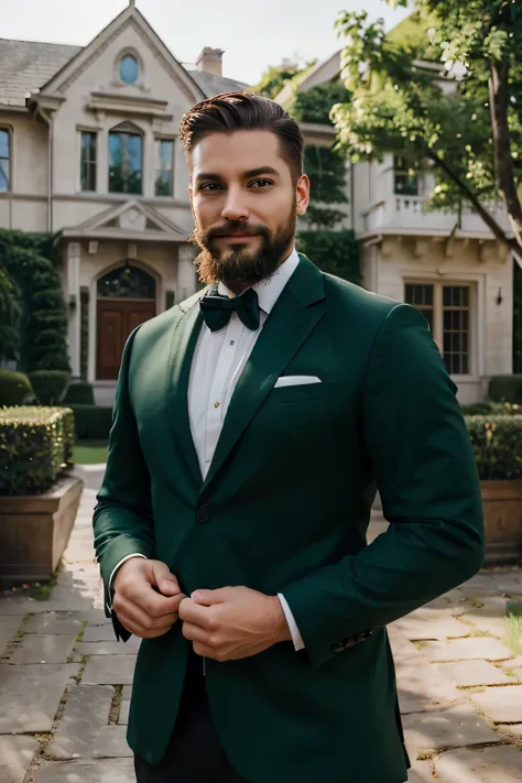 A photorealistic portrait of a successful, confident 30-year-old male entrepreneur. Emphasize his expressive green eyes , groomed beard and mustache , a strong jawline, and a subtle, knowing smile. In front of a big mansion