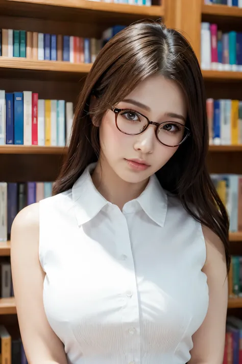 (highest quality、Tabletop、8k、Award-winning works、Ultra-high resolution、Best image quality)、One beautiful woman、(White polyester sleeveless buttoned collared blouse:1.3)、(Elegant black tight skirt:1.1)、(Huge breasts:1.2)、(Elegant round glasses:1.2)、library、...