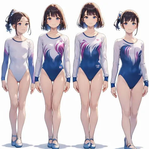 Gymnastics club,(4 girls:1.3),(long sleeves leotard:1.3),full body, bob cuts hair, long hair, (over 16 years old, under 19 years old:1.2), ballet shoes, white background