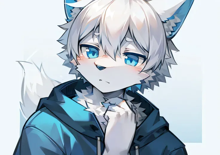 Furry Wolf Boy，White hair，with white ears，blue eyes，Wearing a blue jacket and white T-shirt。Expressionless，Holding chin with hands，white hands。Don&#39;t open your mouth，Thinking。