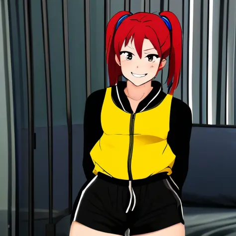 Crie uma garota de anime, musculosa, (forte) olhos amarelos, with a sarcastic smile short red hair (UP TO THE NECK) wearing a tracksuit, preto, sem mangas, usando uma luva extra longa, sentada em uma cadeira, com as pernas cruzadas em cima da mesa 