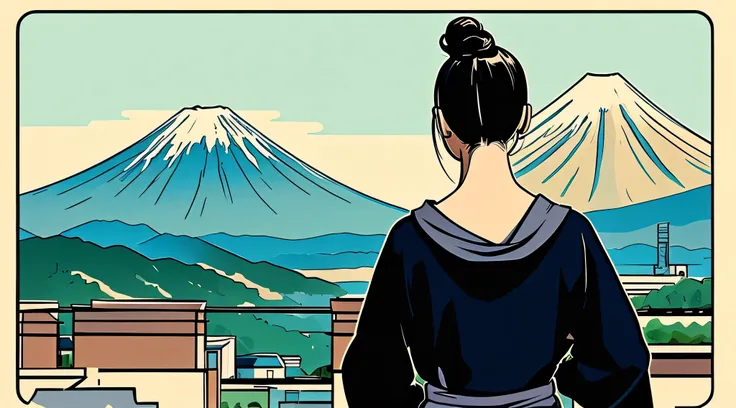 Mount Fuji in the background。A pretty woman standing sideways with her head bowed is lost in thought。Anime character style。In the style of illustrations。