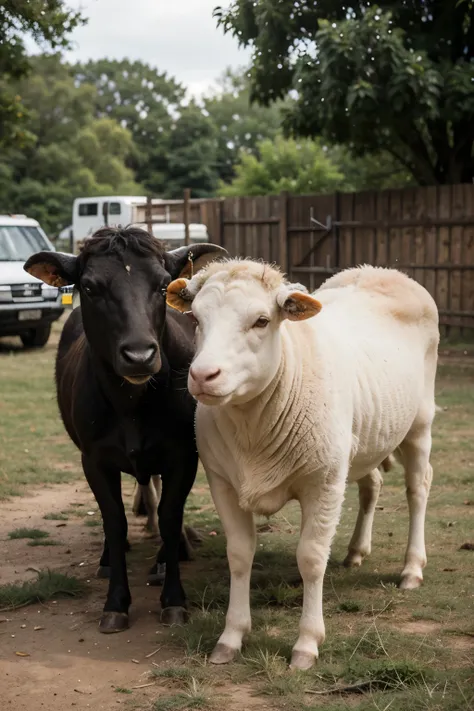 sheep and cow looking right side