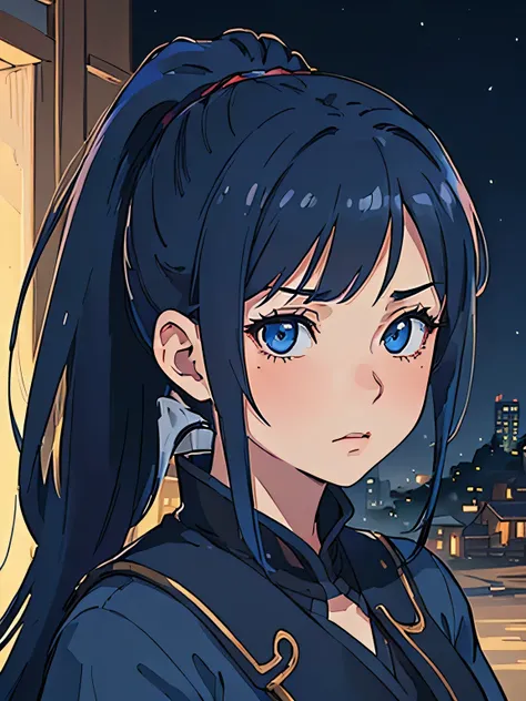 ((masterpiece, best quality)), ((anime girl in the village, night)) (1girl, portrait, close up), (solo, alluring face, seductive face, blushing, shy), (female focus, mature), (dark blue hair, ponytail hair),blue eyes, sharp eye, detailed eye, (party dress)...