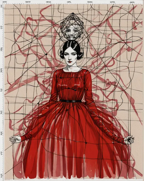 drawing of a woman in a red dress, tumblr, dada, vespertine, sketch of a lucid dream, wrapped in wires and piones
, geometrical ...